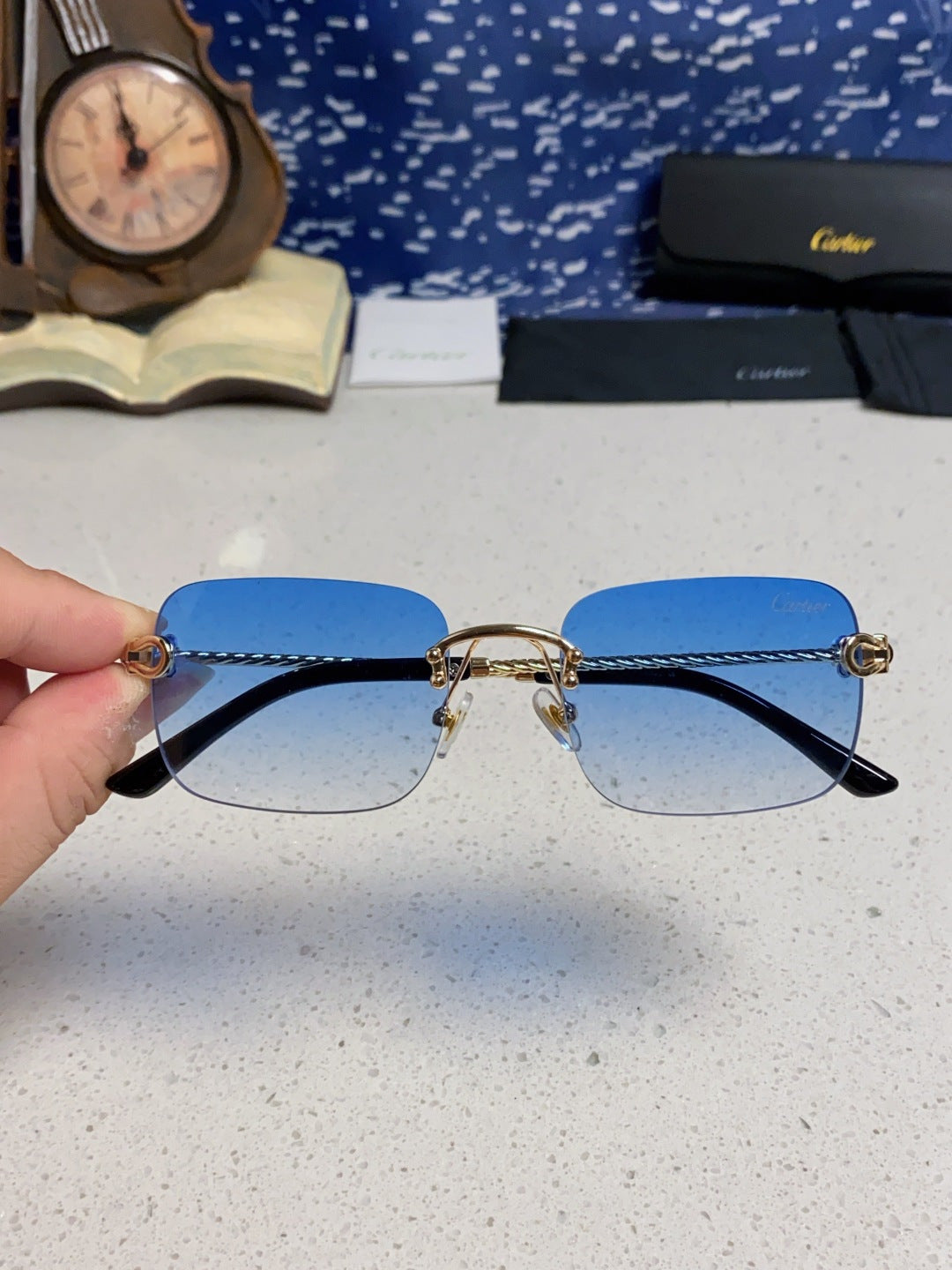 Cartier Lightweight Rimless Blue Lens Sunglasses for Men & Women - 449435 - detail image 4