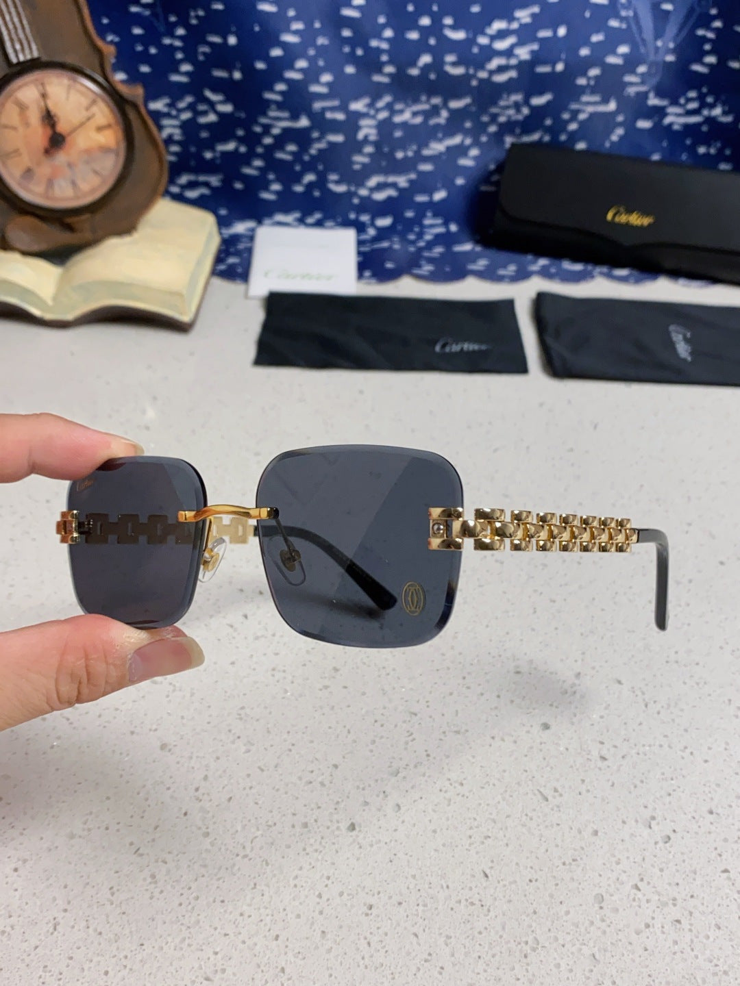 Cartier Lightweight Rimless Blue Lens Sunglasses for Men & Women - 493659 - detail image 6