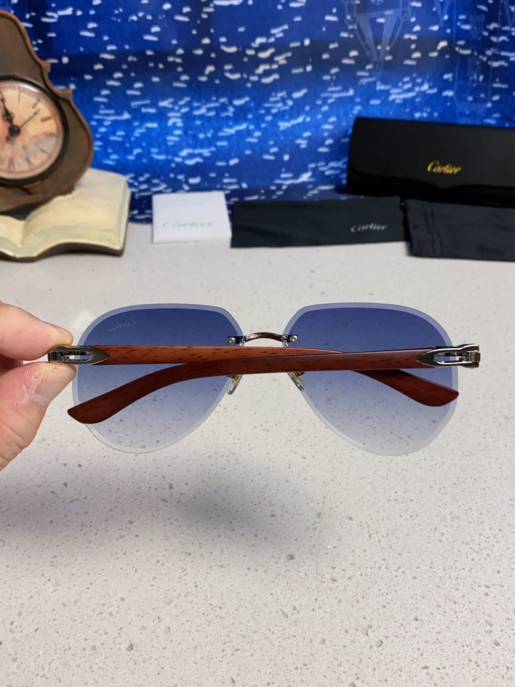 Cartier Lightweight Rimless Blue Lens Sunglasses for Men & Women - 487266 - detail image 5