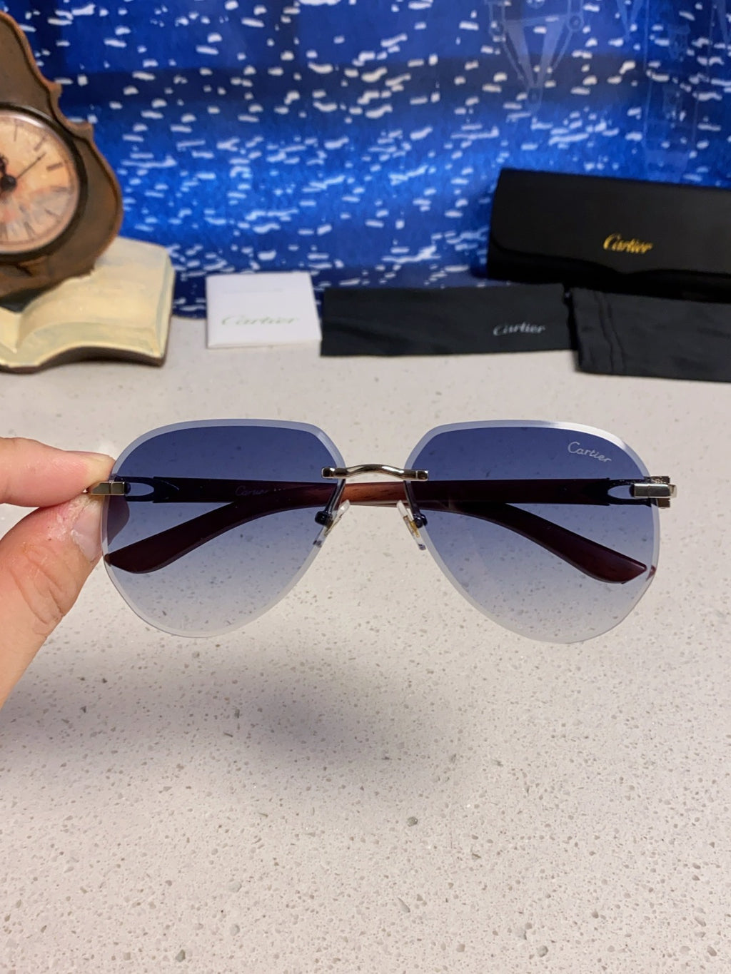 Cartier Lightweight Rimless Blue Lens Sunglasses for Men & Women - 487266 - detail image 4