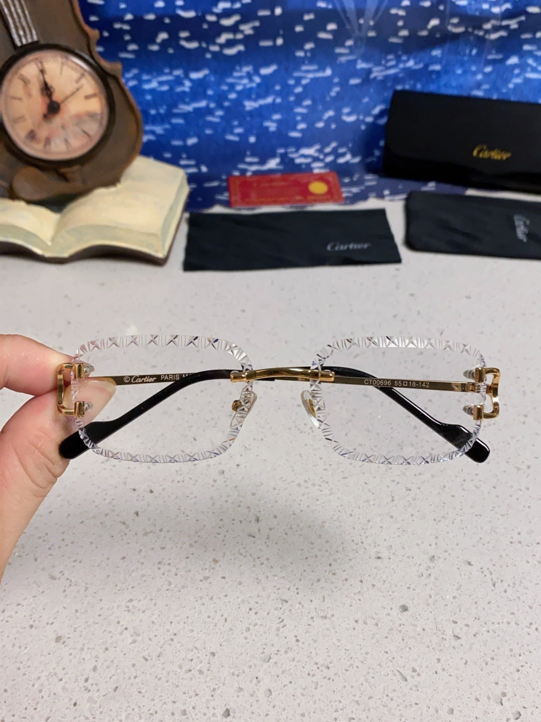 Cartier Metal Square Blue Lens Sunglasses for Men & Women - 432342 - detail image 4