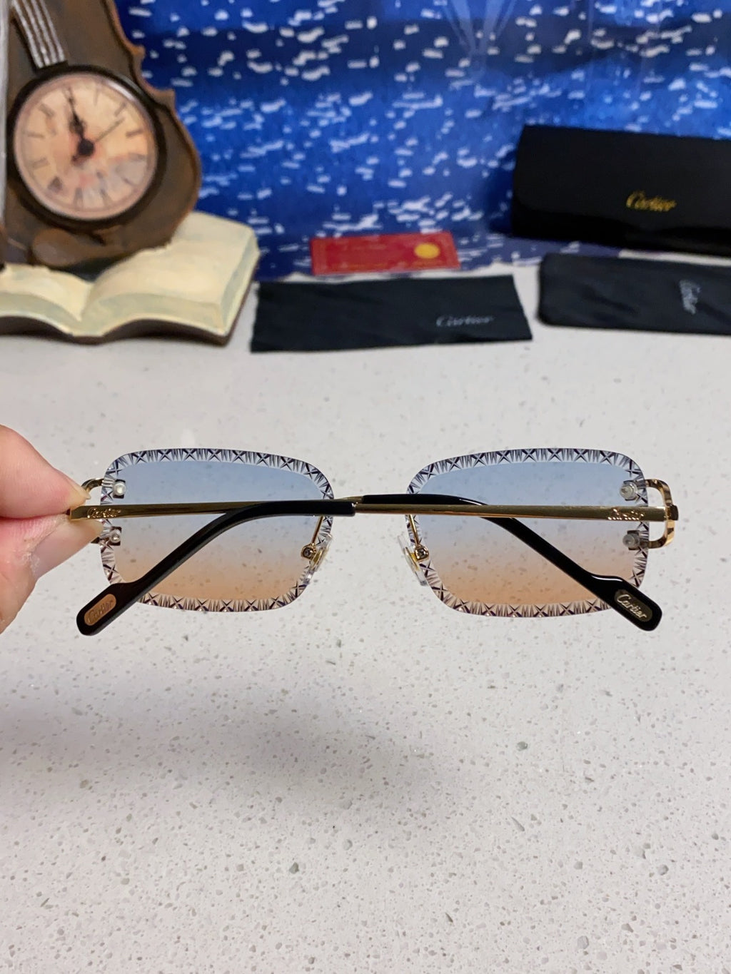 Cartier Metal Square Blue Lens Sunglasses for Men & Women - 487351 - detail image 5
