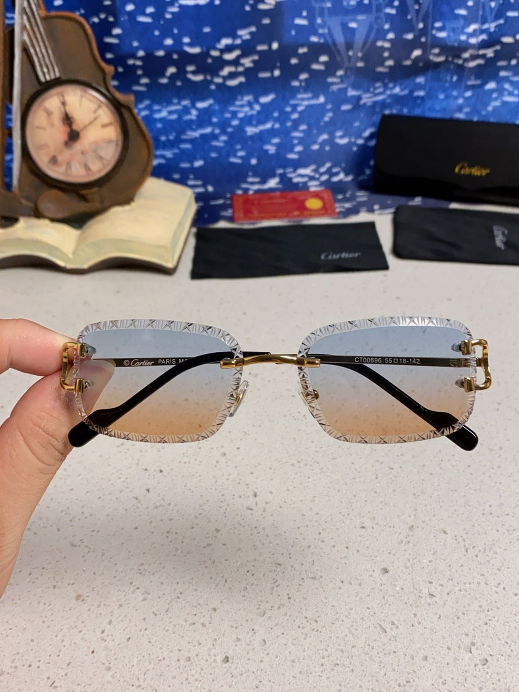 Cartier Metal Square Blue Lens Sunglasses for Men & Women - 487351 - detail image 4
