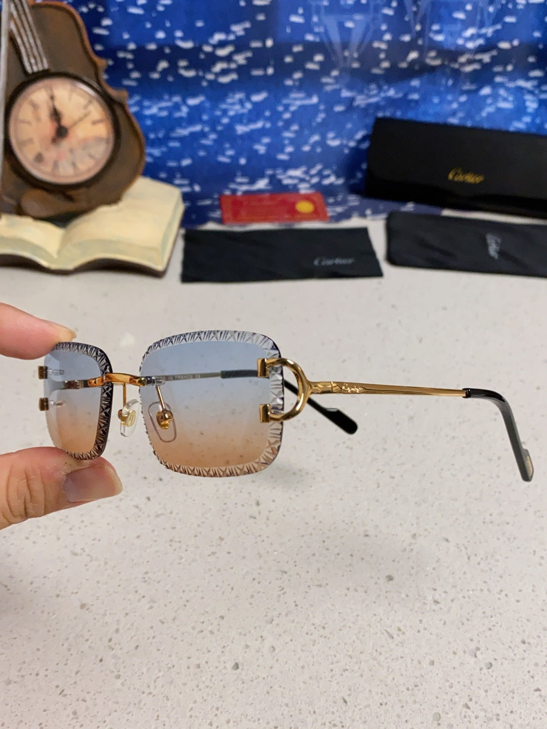 Cartier Metal Square Blue Lens Sunglasses for Men & Women - 432343 - detail image 6
