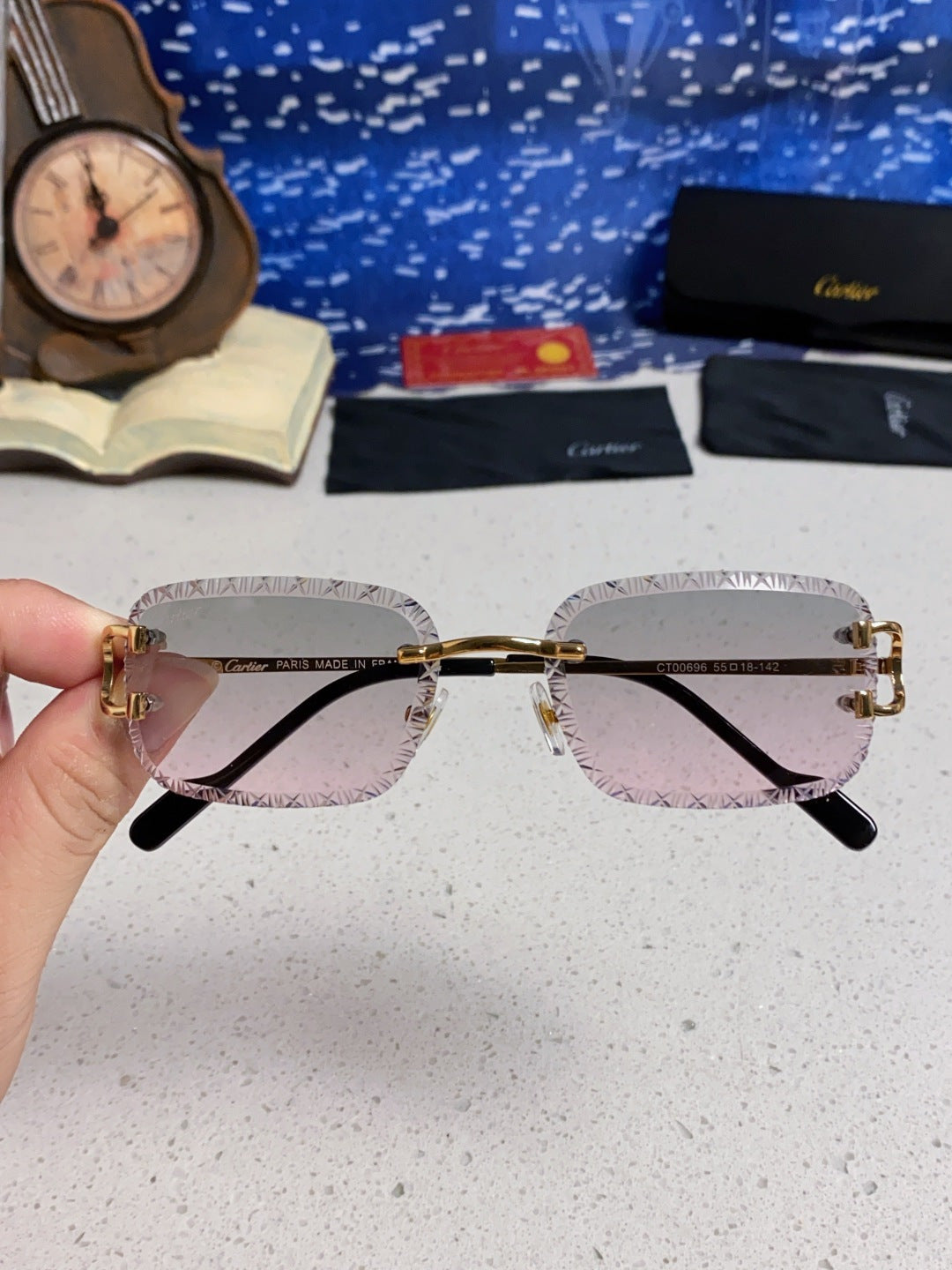 Cartier Metal Square Blue Lens Sunglasses for Men & Women - 432344 - detail image 4