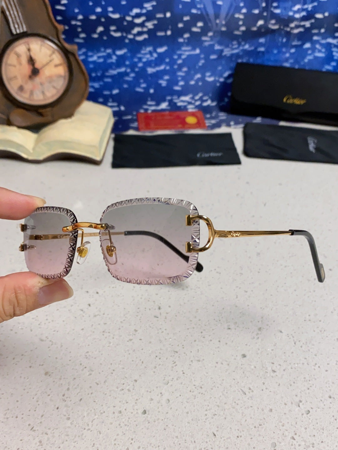 Cartier Metal Square Blue Lens Sunglasses for Men & Women - 487352 - detail image 6