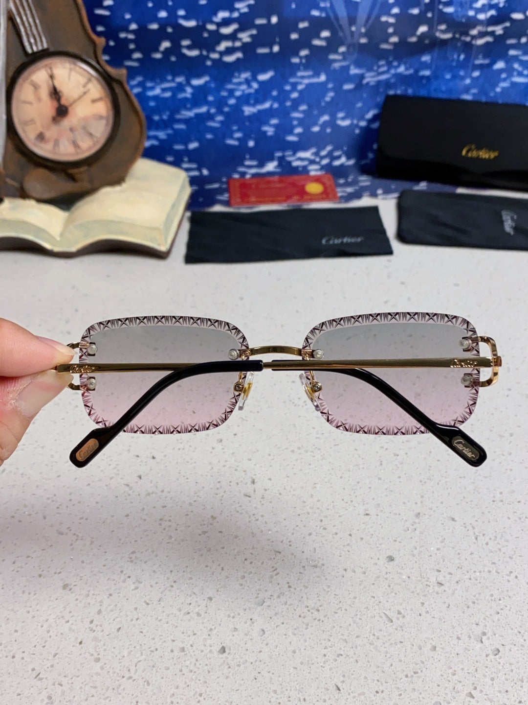 Cartier Metal Square Blue Lens Sunglasses for Men & Women - 432344 - detail image 5