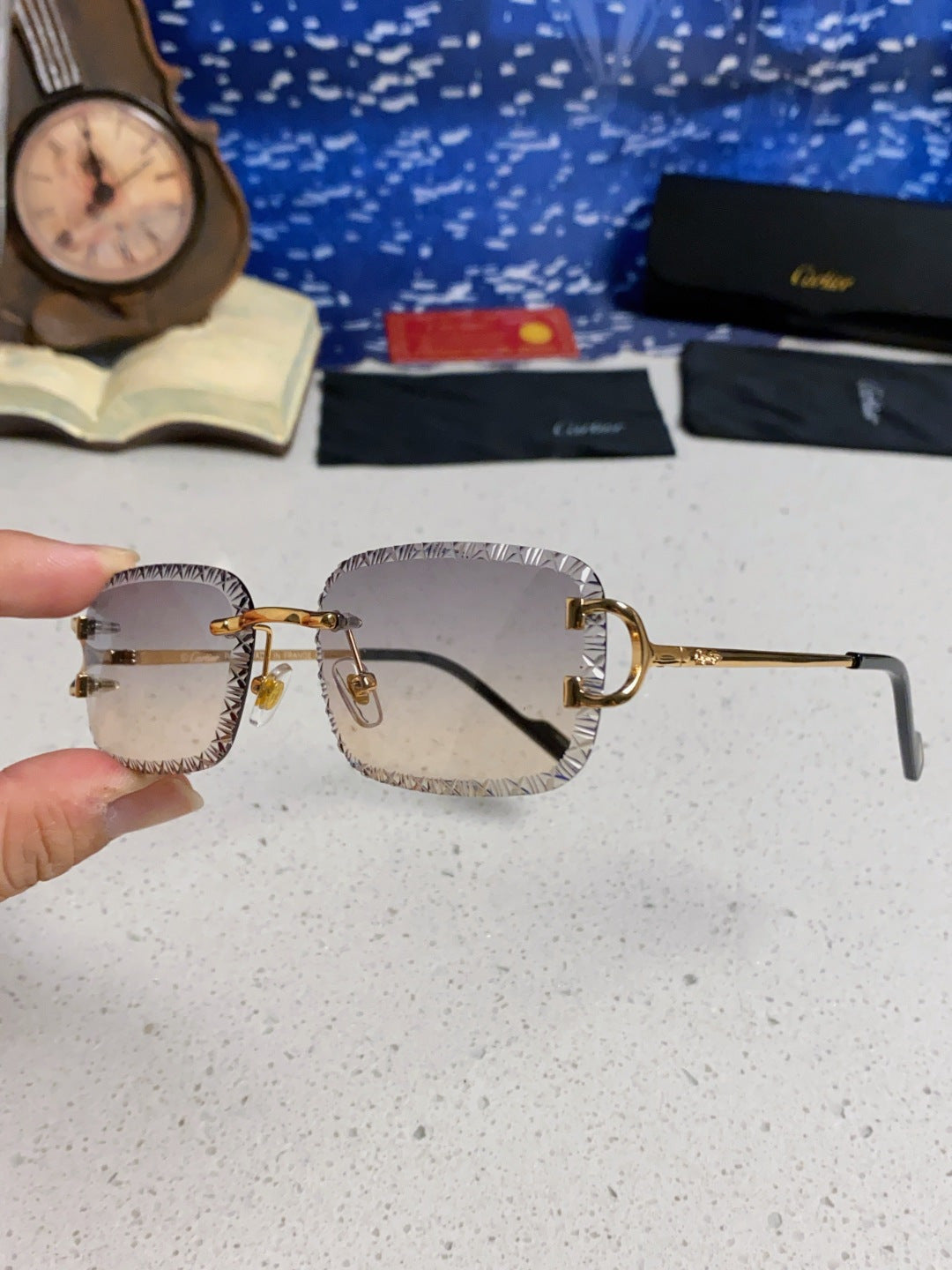 Cartier Metal Square Blue Lens Sunglasses for Men & Women - detail image 6
