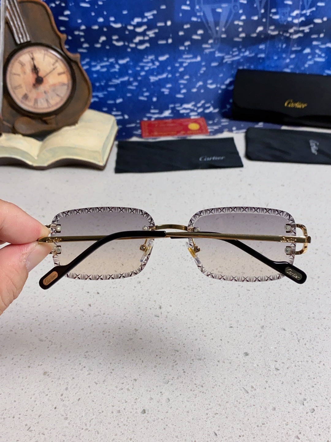 Cartier Metal Square Blue Lens Sunglasses for Men & Women - detail image 5