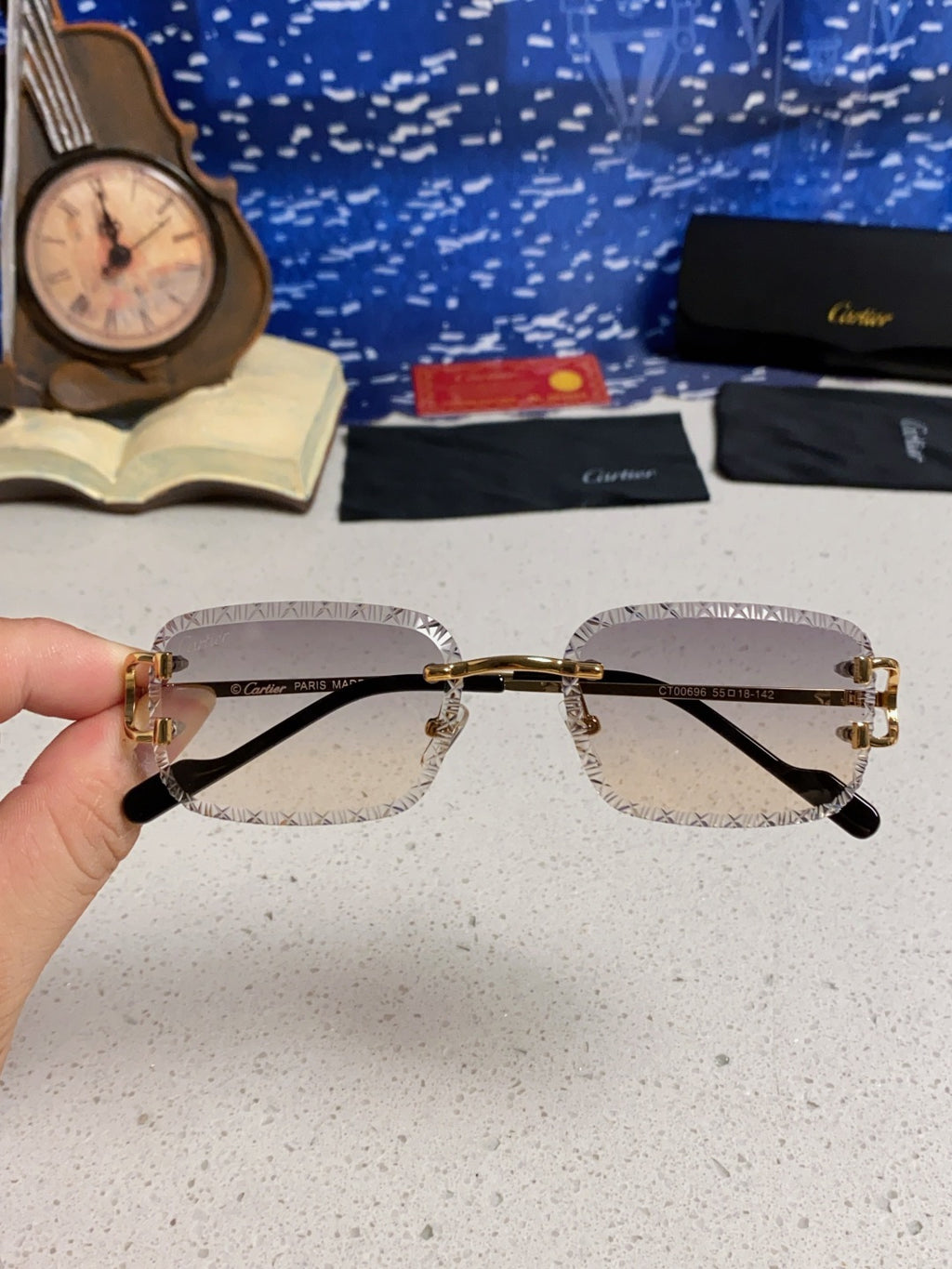 Cartier Metal Square Blue Lens Sunglasses for Men & Women - detail image 4
