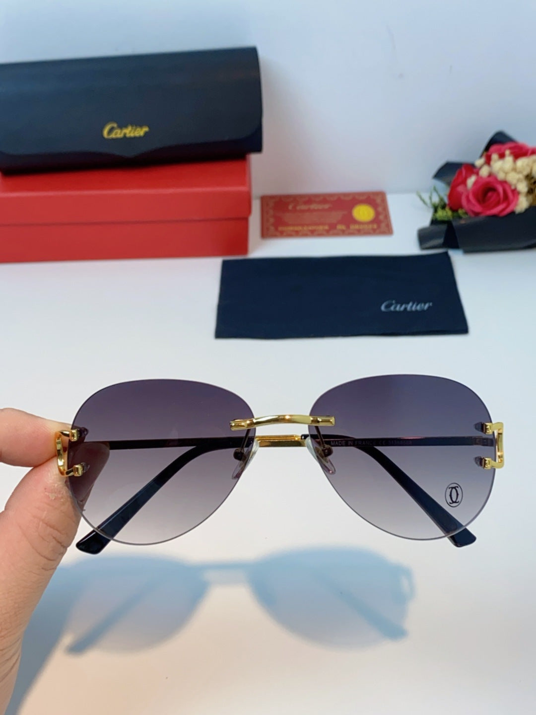 Cartier Lightweight Rimless Blue Lens Sunglasses for Men & Women - 432289 - detail image 4