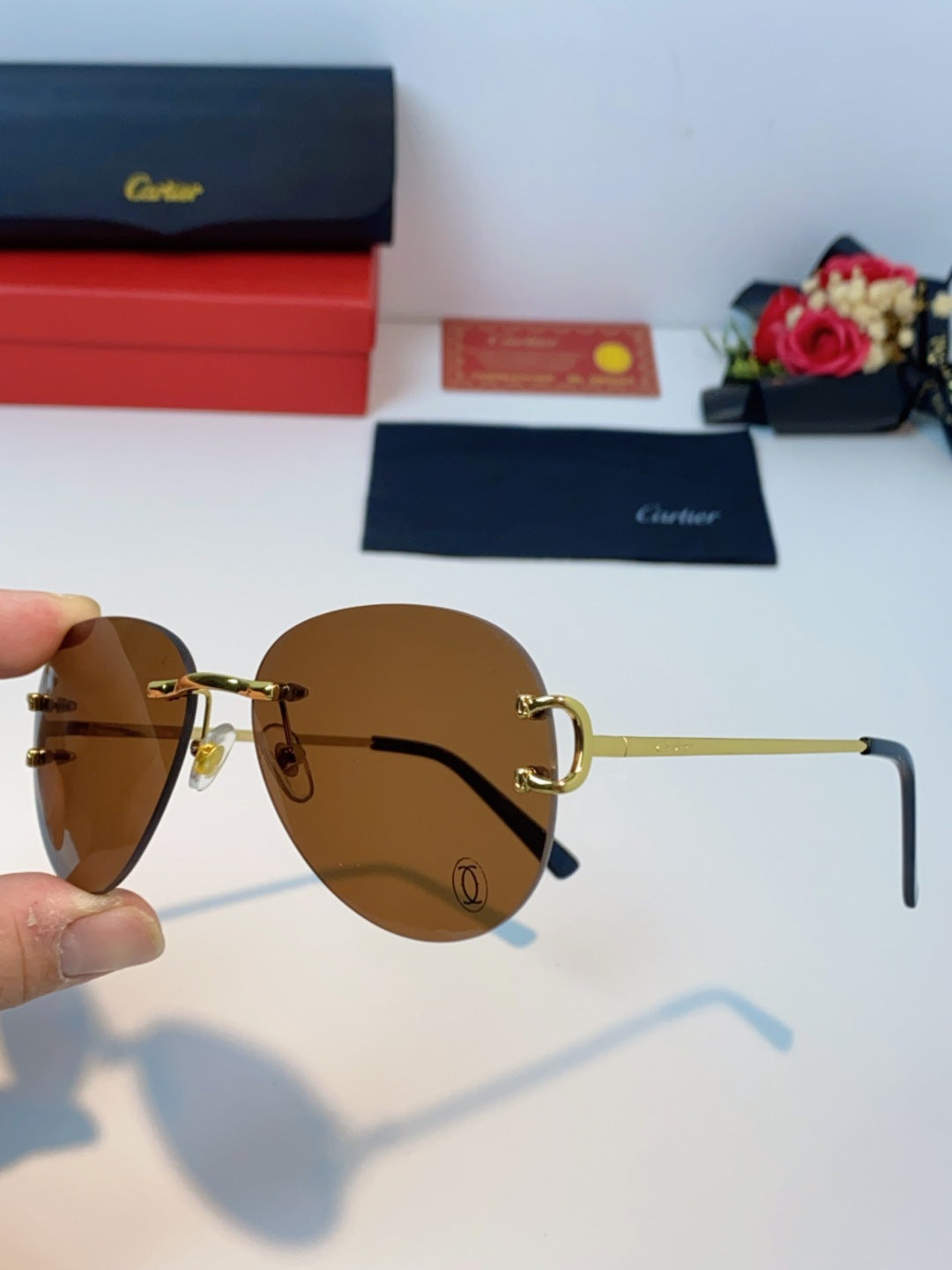 Cartier Lightweight Rimless Brown Lens Sunglasses for Men & Women - 432290 - detail image 5