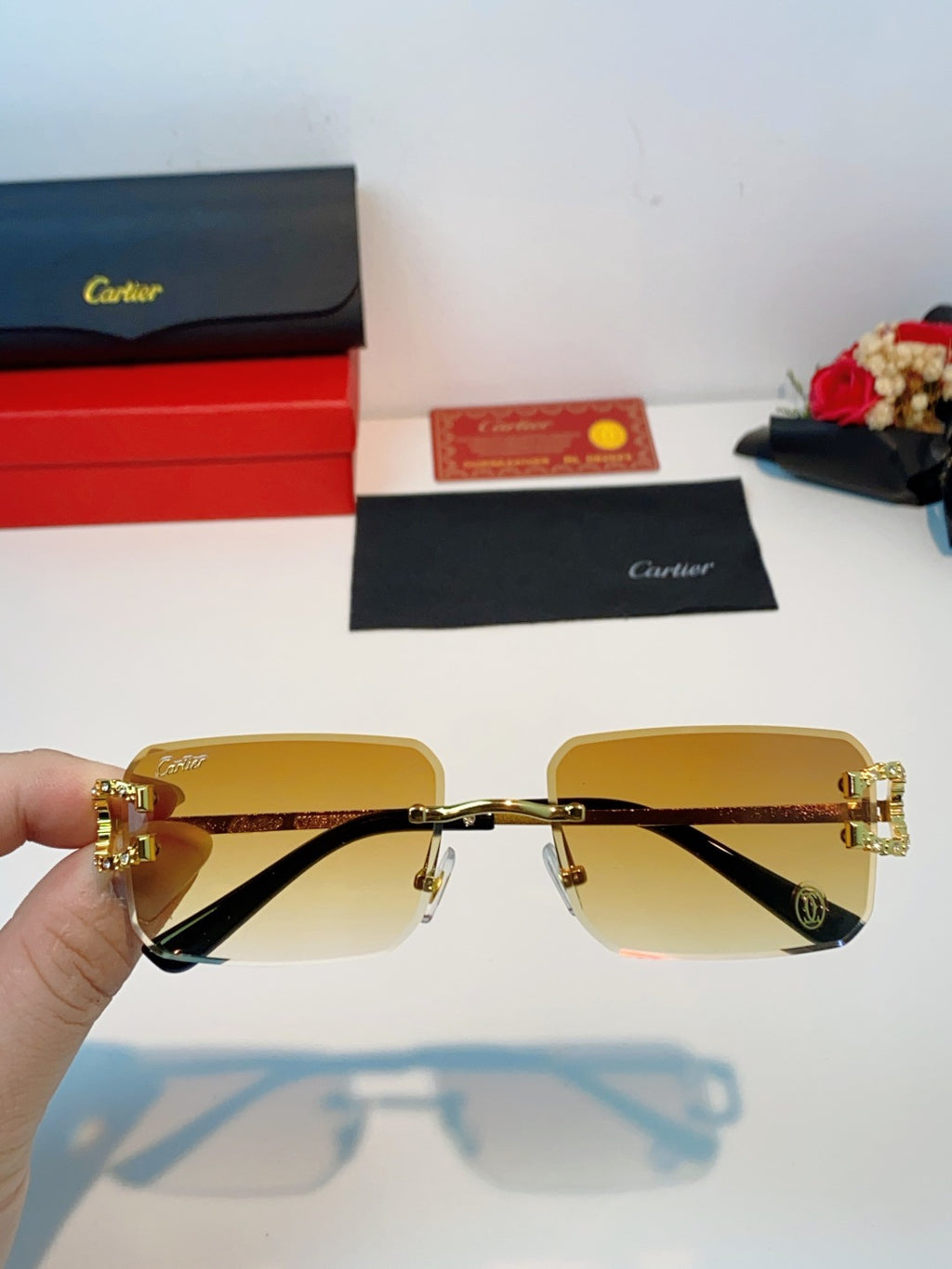 Cartier Lightweight Rimless Orange Lens Sunglasses for Men & Women - 449489 - detail image 4