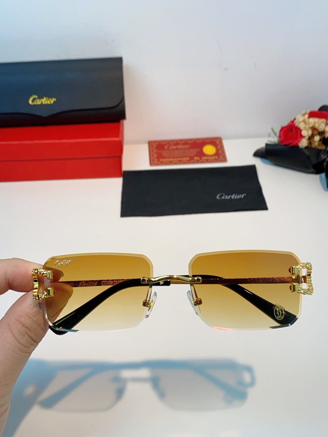 Cartier Lightweight Rimless Orange Lens Sunglasses for Men & Women - 449489 - detail image 4
