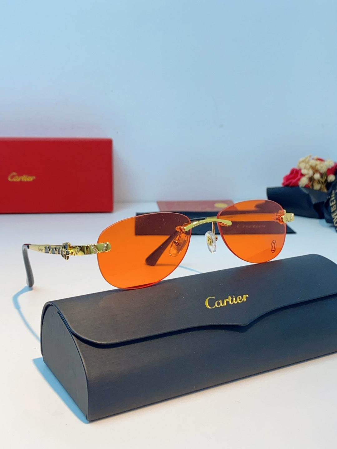 Cartier Lightweight Rimless Orange Lens Sunglasses for Men & Women - detail image 10