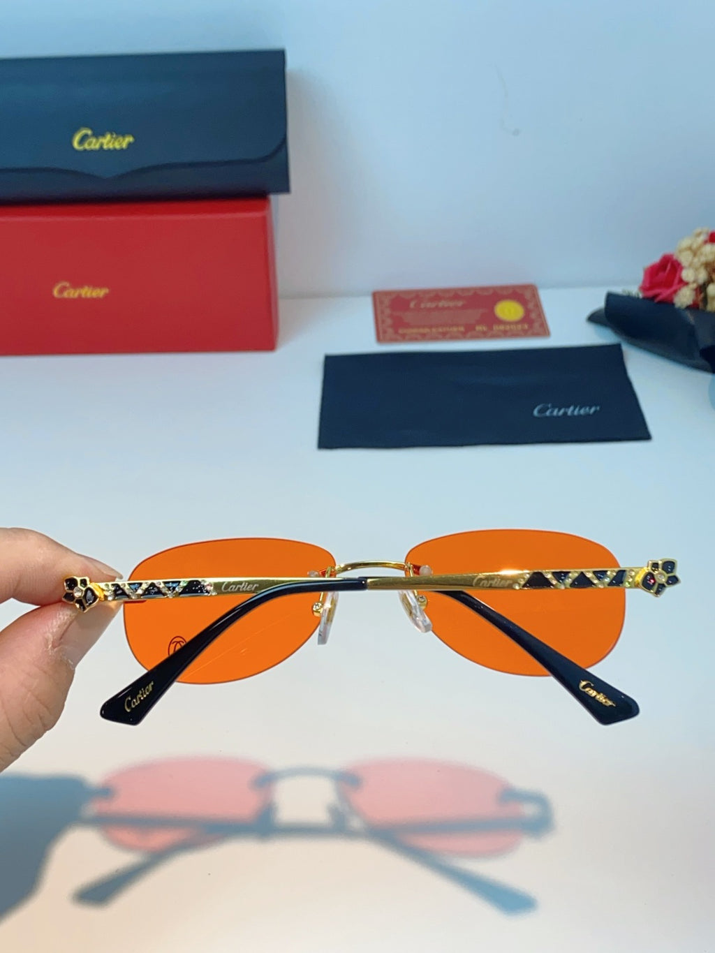 Cartier Lightweight Rimless Orange Lens Sunglasses for Men & Women - detail image 5