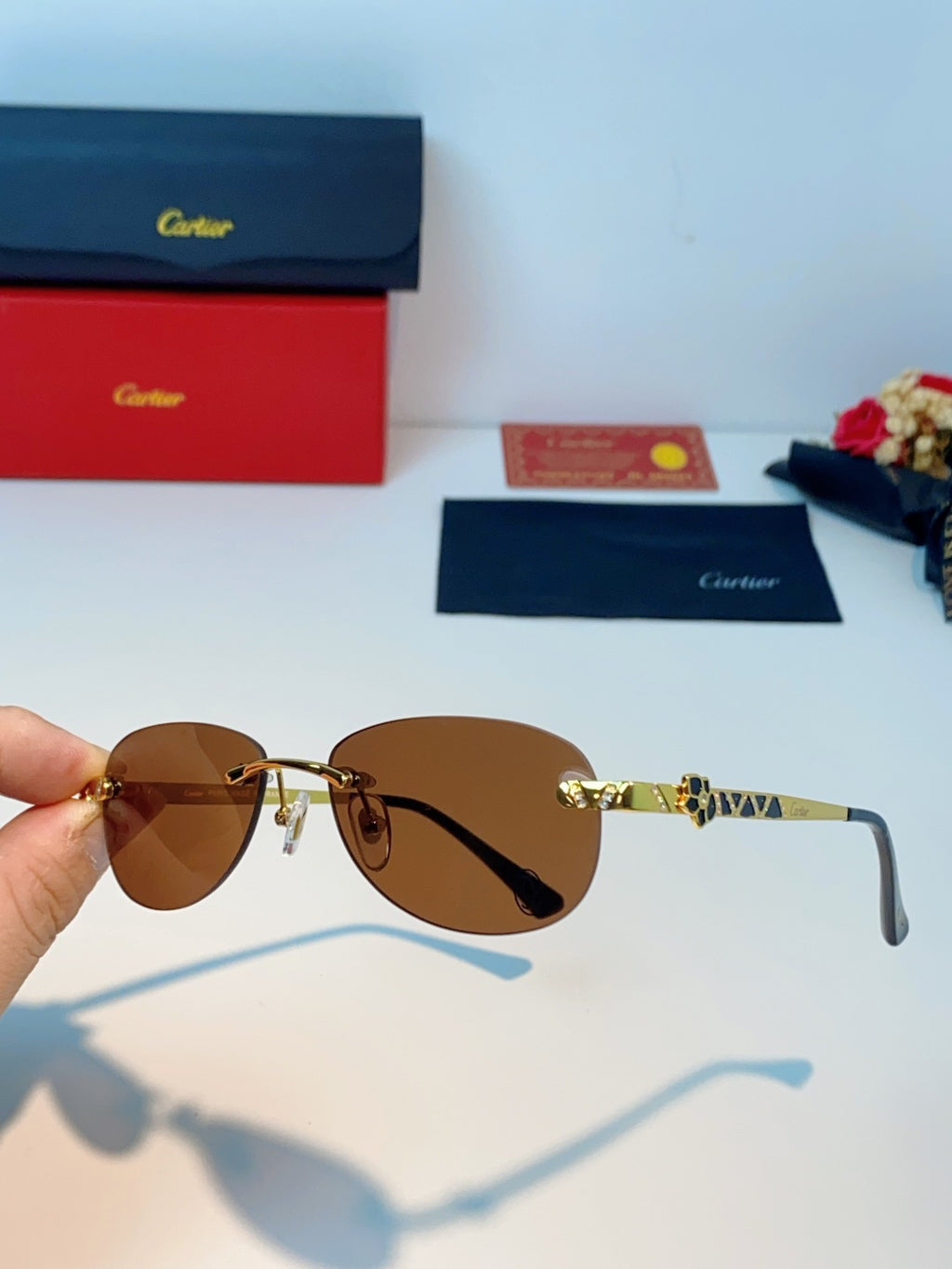 Cartier Lightweight Rimless Brown Lens Sunglasses for Men & Women - detail image 6