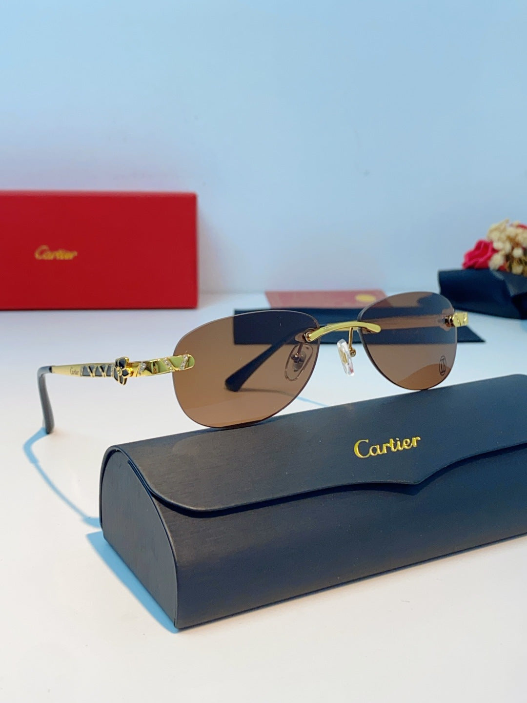 Cartier Lightweight Rimless Brown Lens Sunglasses for Men & Women - detail image 10
