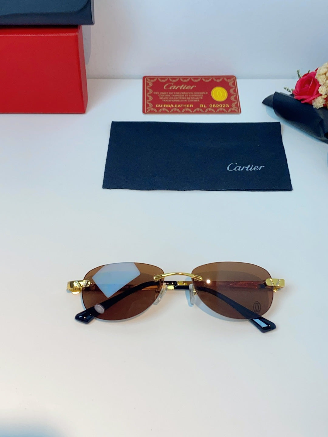 Cartier Lightweight Rimless Brown Lens Sunglasses for Men & Women - detail image 9