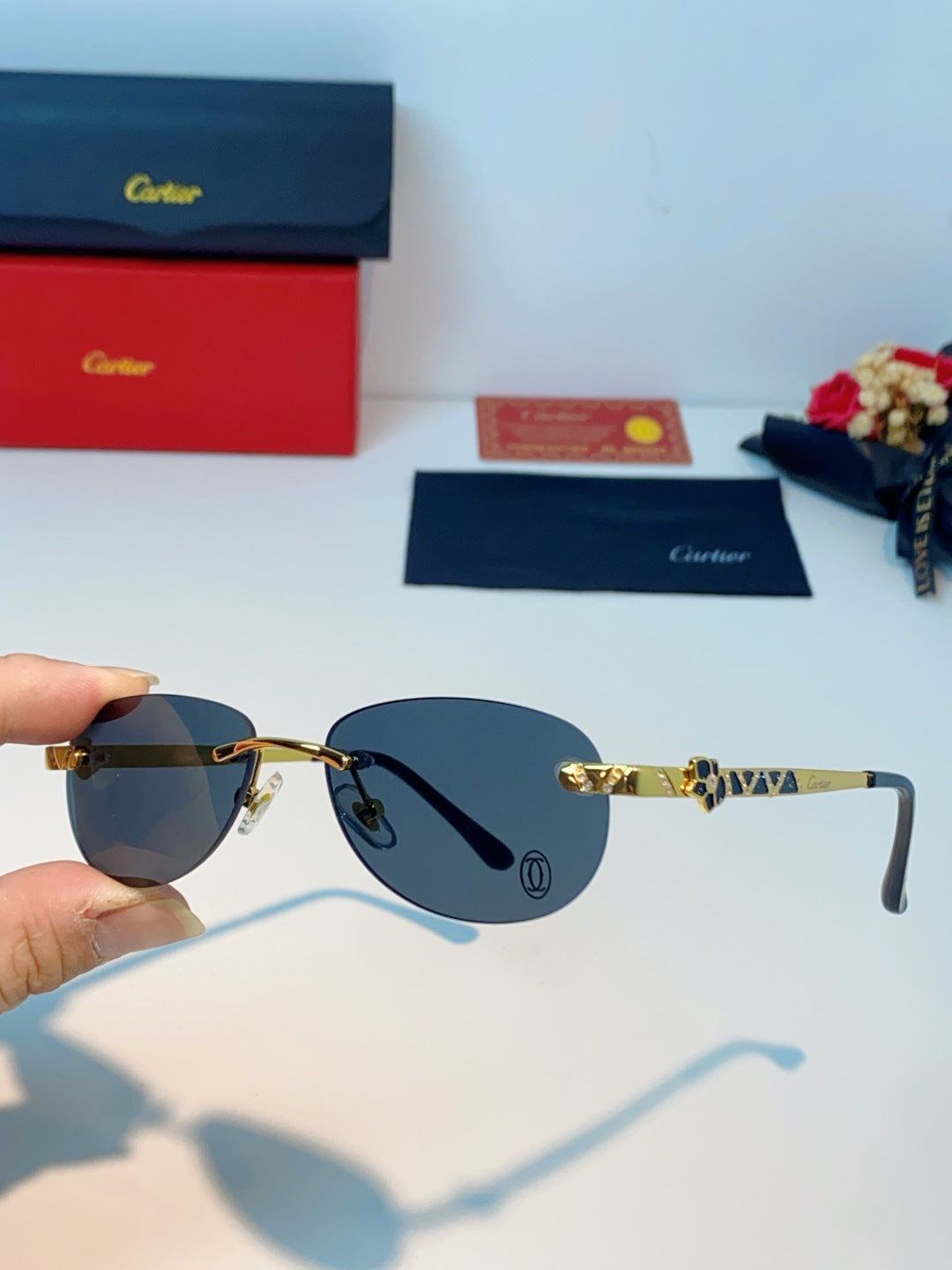 Cartier Lightweight Rimless Black Lens Sunglasses for Men & Women - detail image 6
