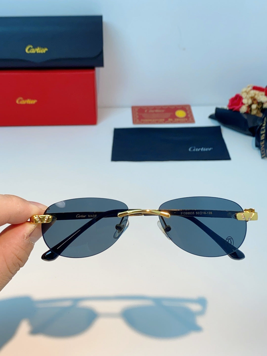 Cartier Lightweight Rimless Black Lens Sunglasses for Men & Women - detail image 4