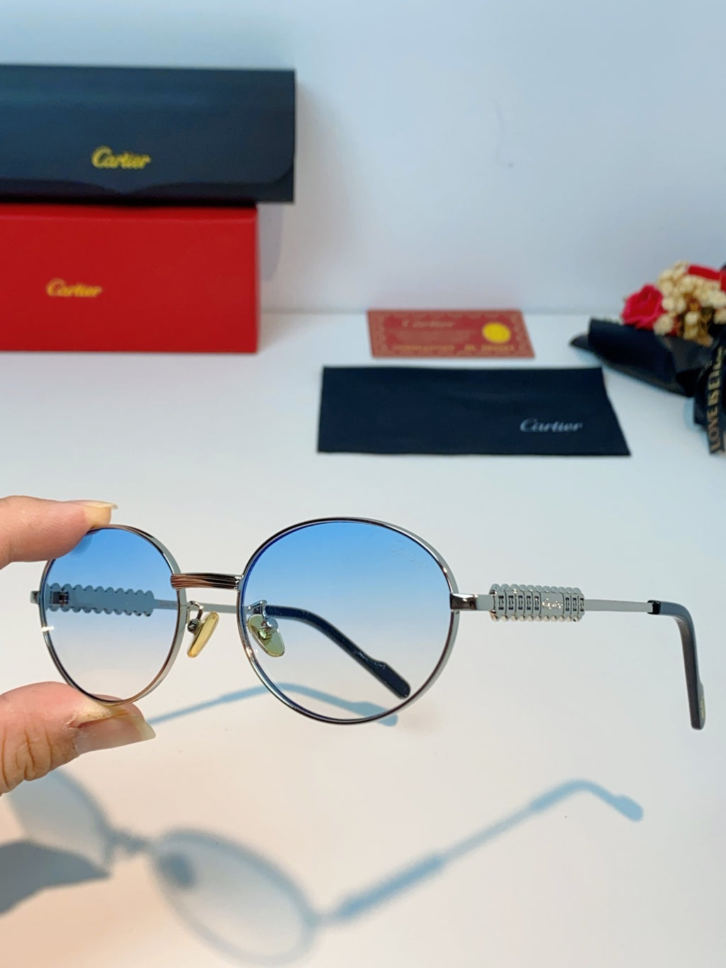 Cartier Metal Oval Red Lens Sunglasses for Men & Women - detail image 6