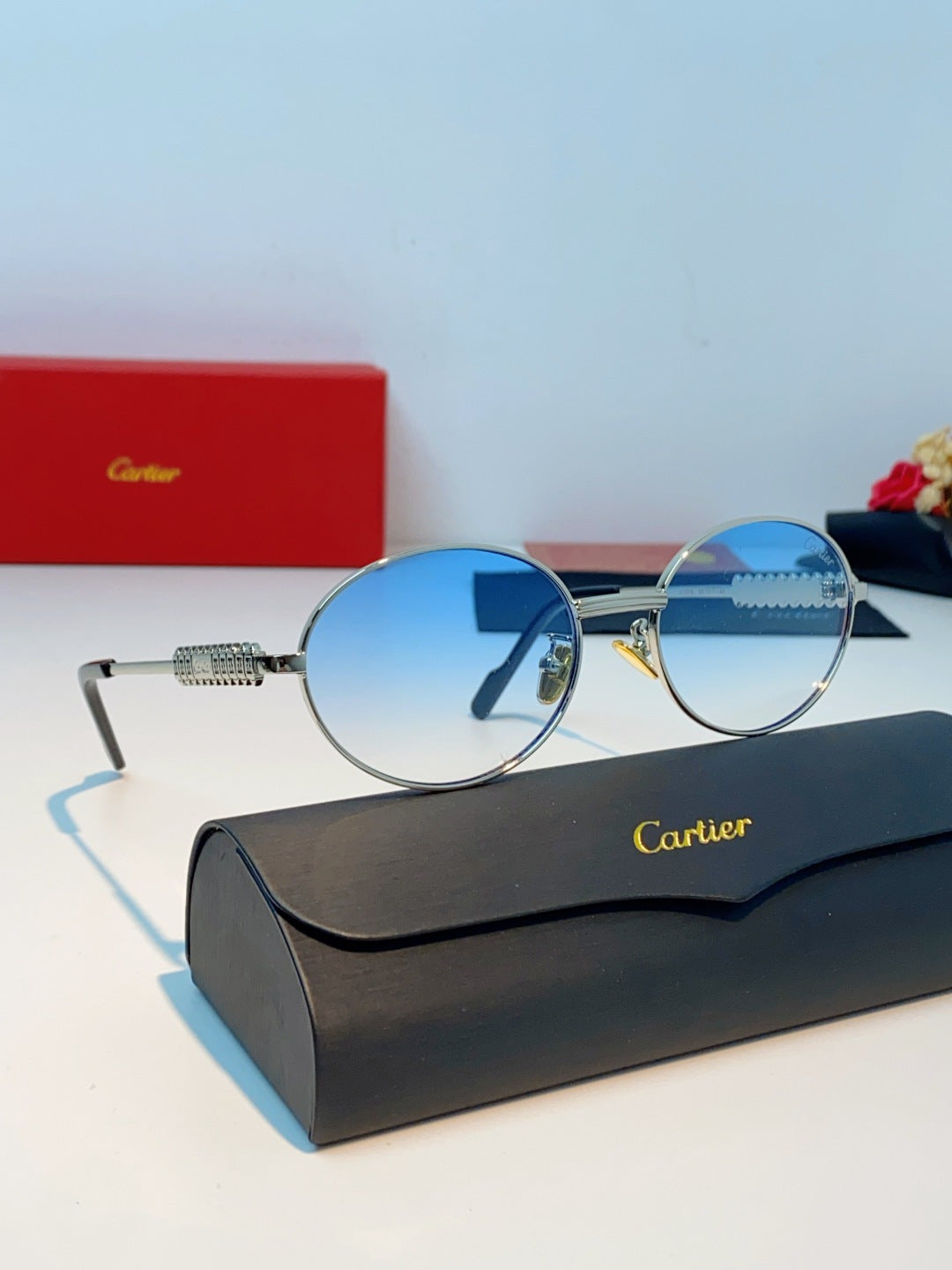 Cartier Metal Oval Red Lens Sunglasses for Men & Women - detail image 10