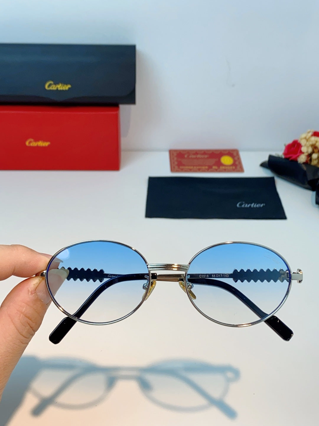 Cartier Metal Oval Red Lens Sunglasses for Men & Women - detail image 4