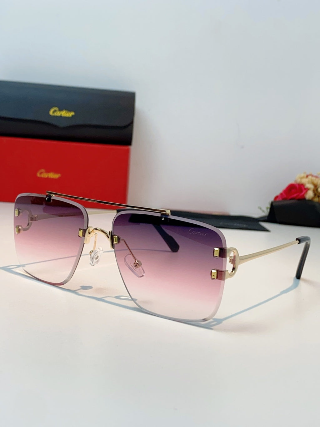 Cartier Lightweight Metal Rimless Red Lens Sunglasses for Men & Women - 487220