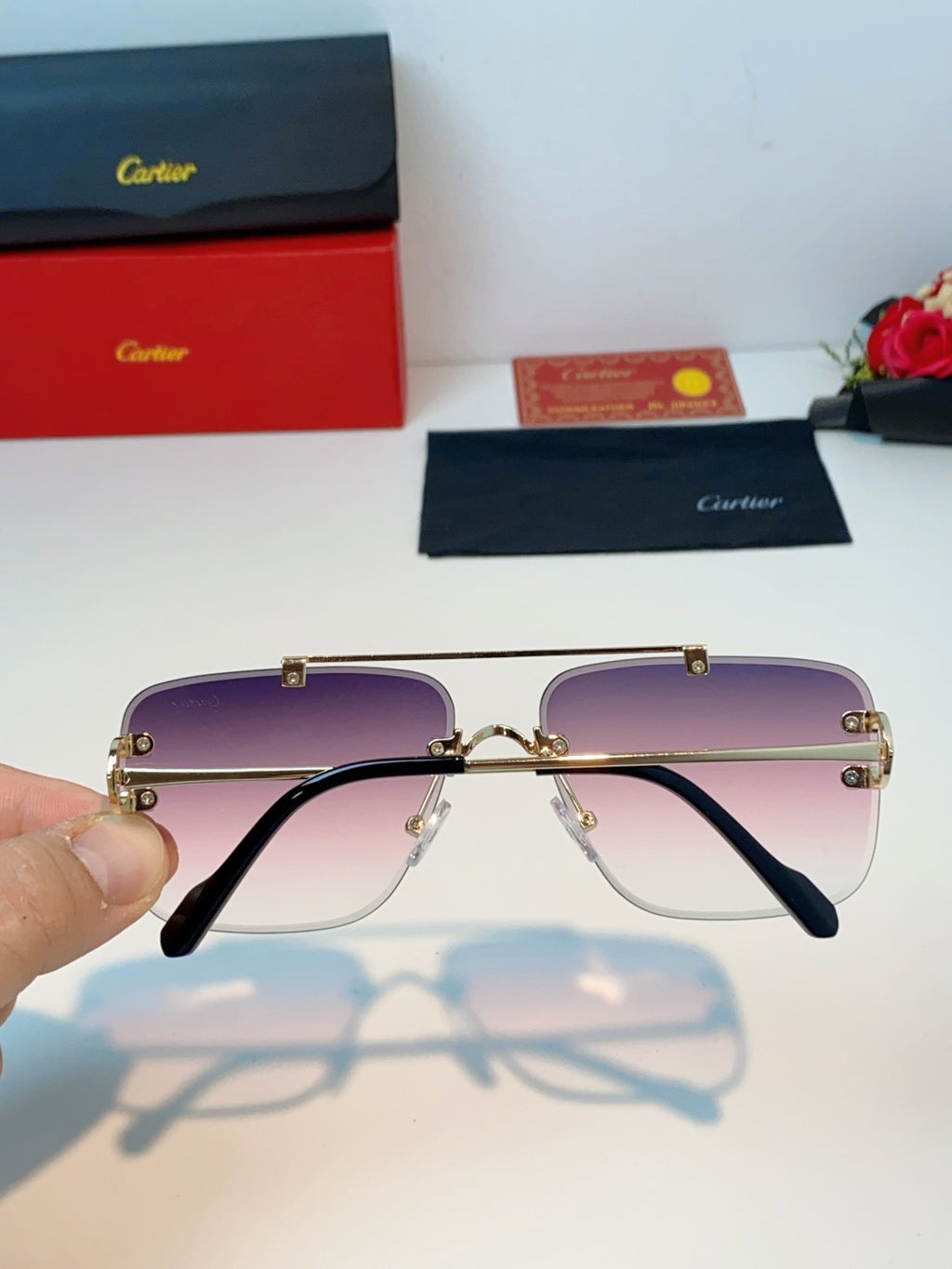 Cartier Lightweight Metal Rimless Red Lens Sunglasses for Men & Women - 487220 - detail image 5