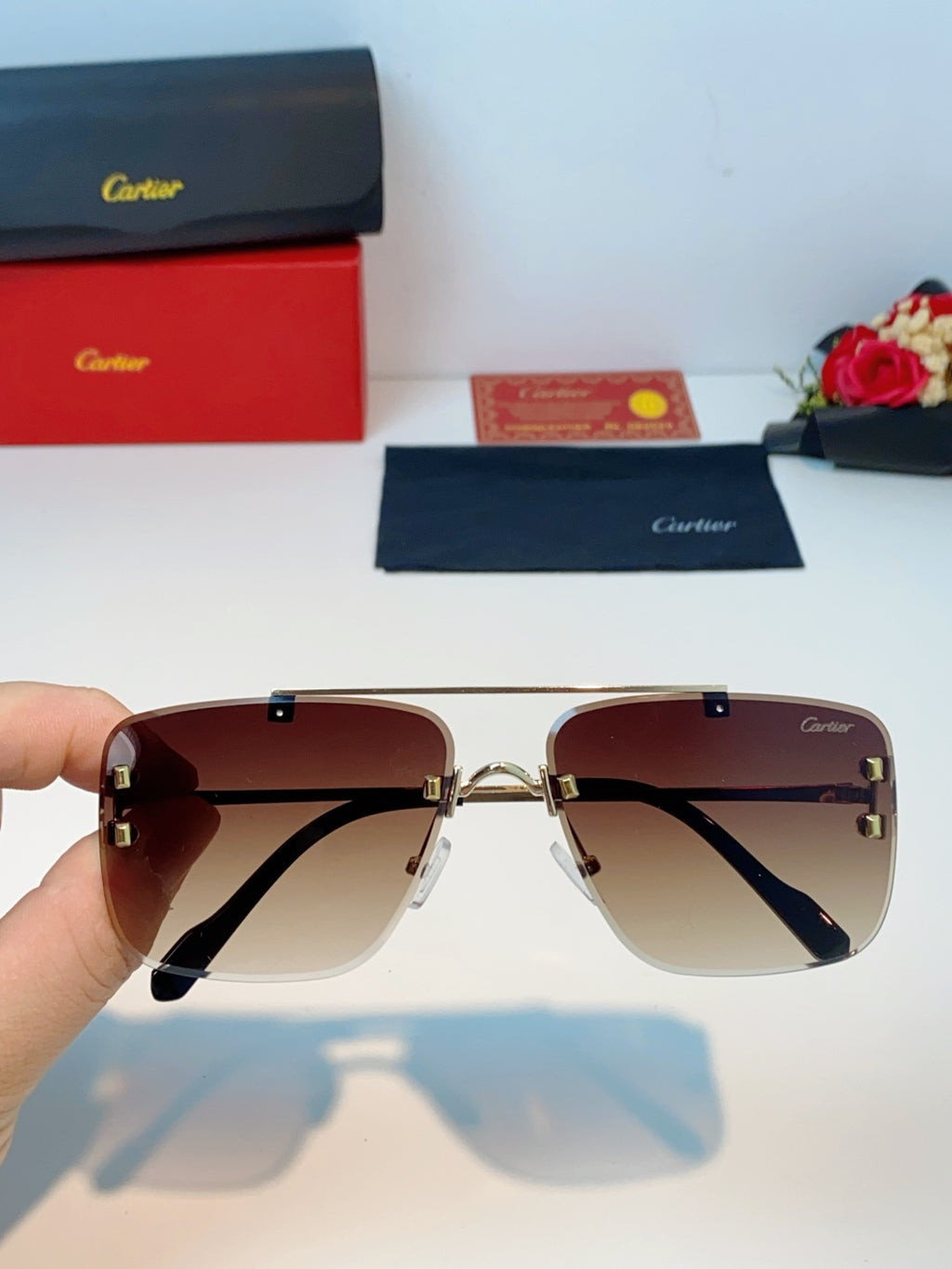 Cartier Lightweight Metal Rimless Red Lens Sunglasses for Men & Women - 487221 - detail image 4