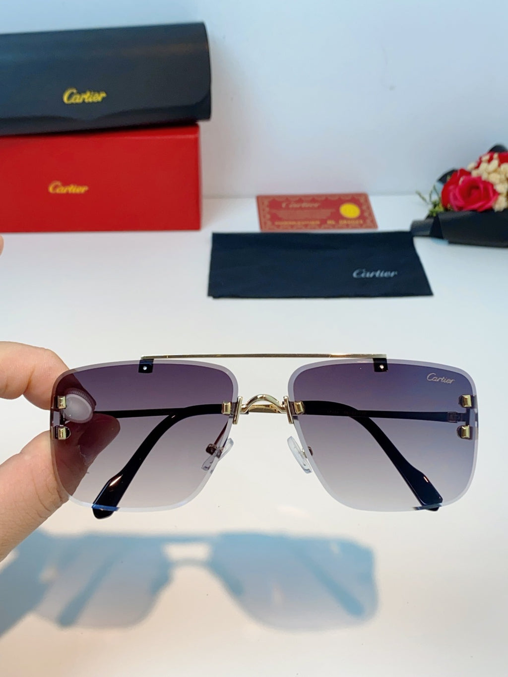 Cartier Lightweight Metal Rimless Gray Lens Sunglasses for Men & Women - detail image 4