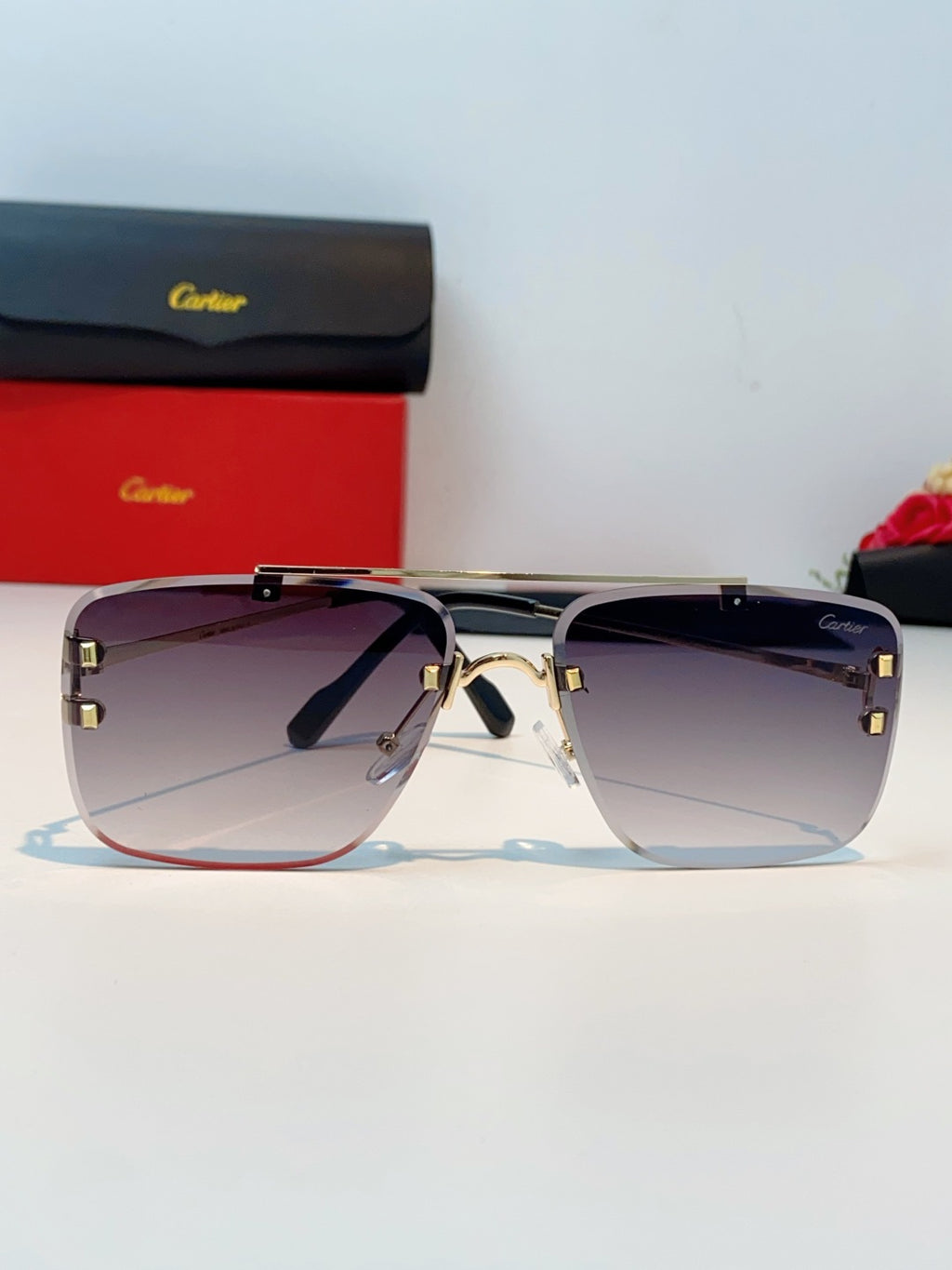 Cartier Lightweight Metal Rimless Gray Lens Sunglasses for Men & Women - detail image 2