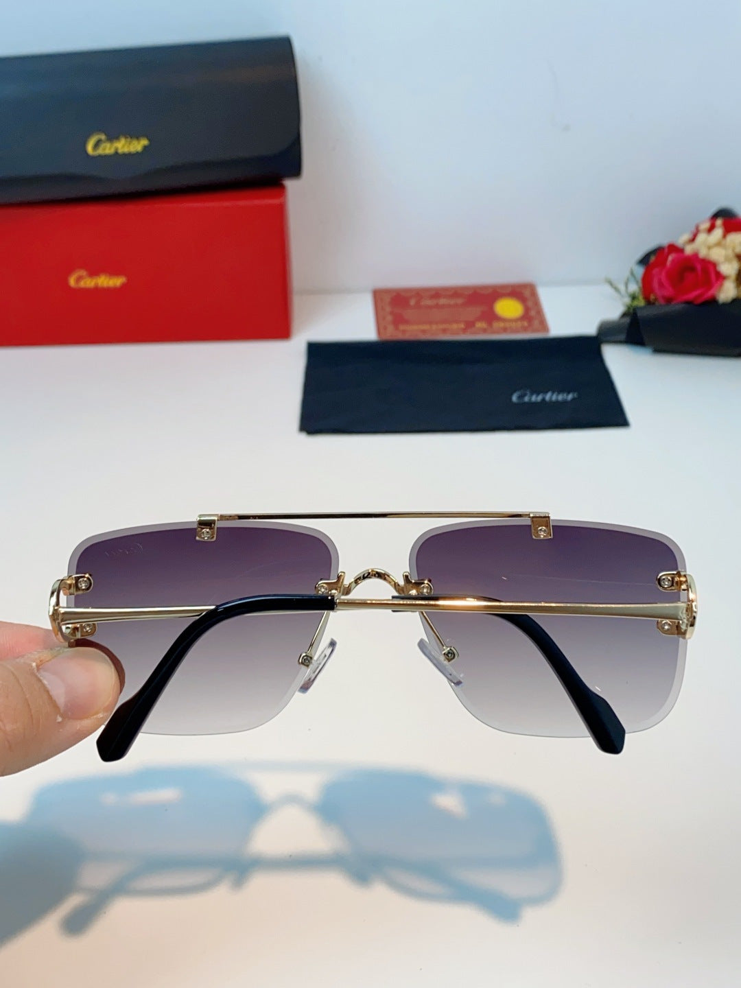 Cartier Lightweight Metal Rimless Gray Lens Sunglasses for Men & Women - detail image 5