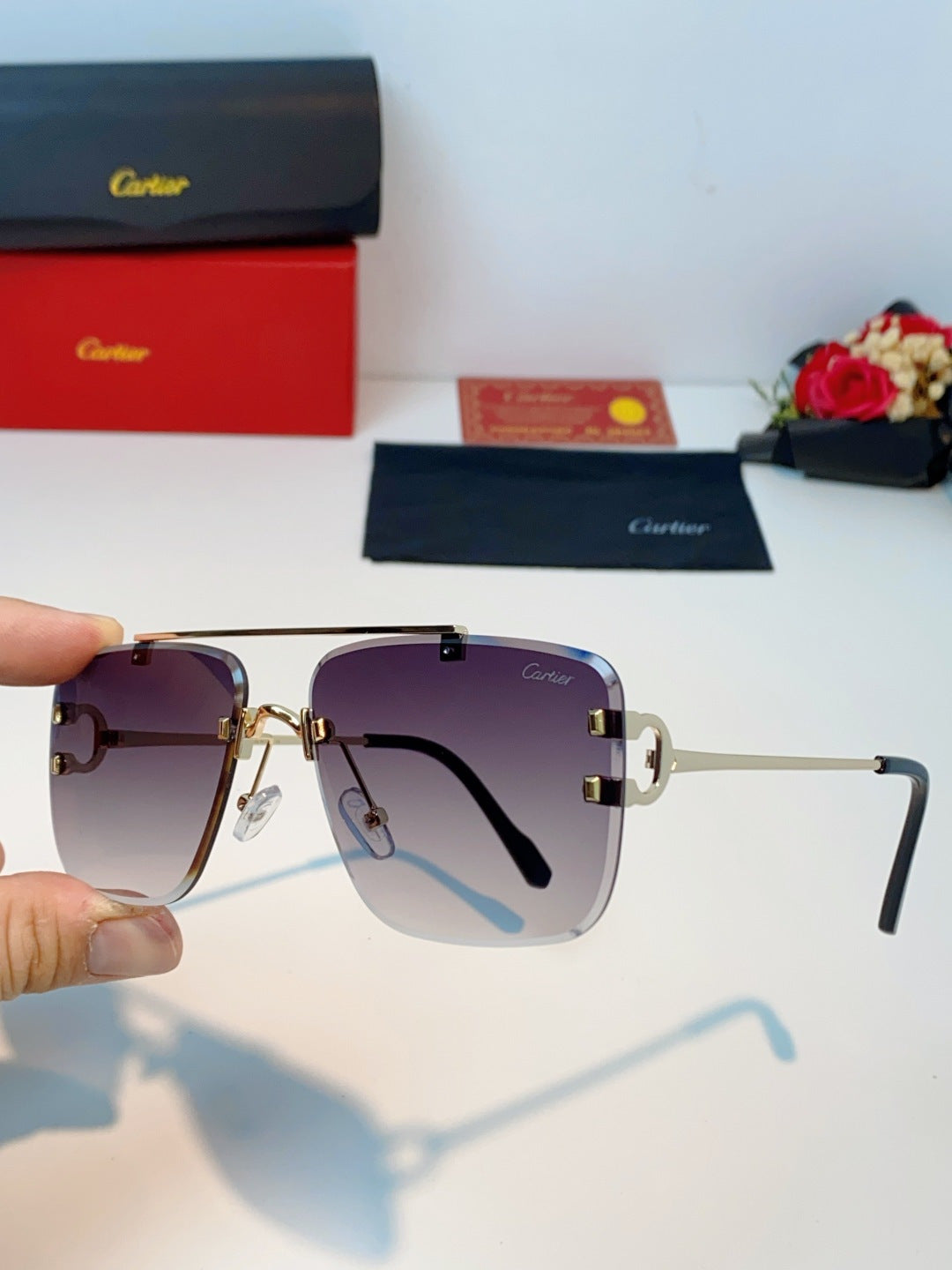 Cartier Lightweight Metal Rimless Gray Lens Sunglasses for Men & Women - detail image 6