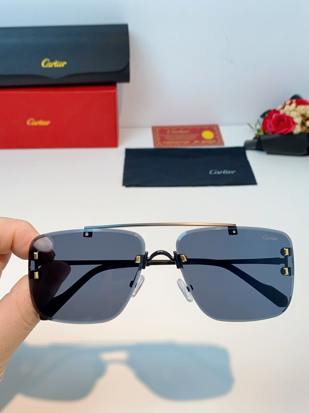 Cartier Lightweight Metal Rimless Blue Lens Sunglasses for Men & Wome - 487223 - detail image 4