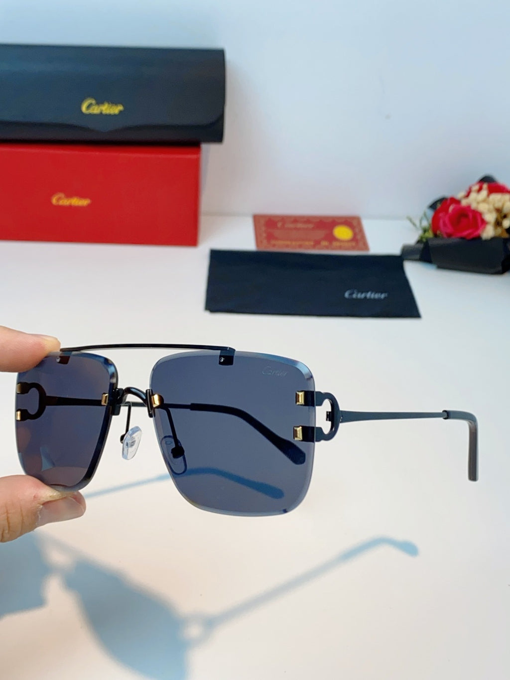 Cartier Lightweight Metal Rimless Blue Lens Sunglasses for Men & Wome - 487223 - detail image 6
