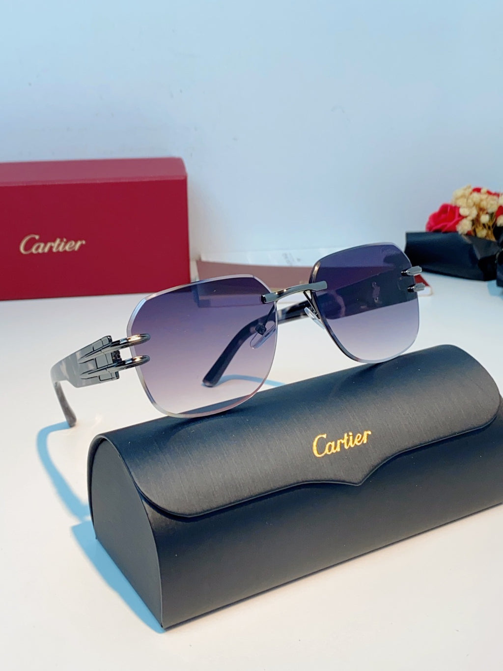 Cartier Polarized Metal Rimless Gray Lens Sunglasses for Men & Women - detail image 10