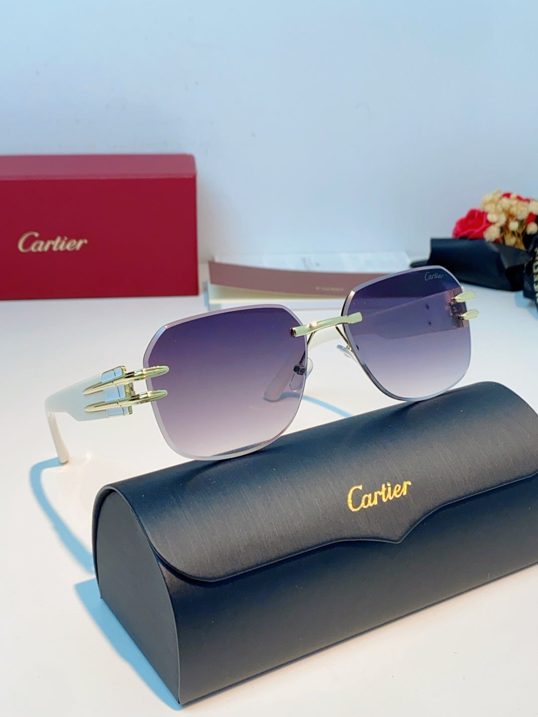 Cartier Polarized Metal Rimless Purple Lens Sunglasses for Men & Women - detail image 10