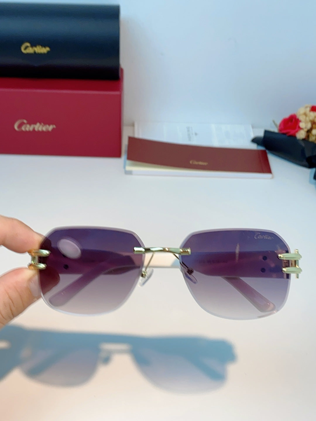 Cartier Polarized Metal Rimless Purple Lens Sunglasses for Men & Women - detail image 4