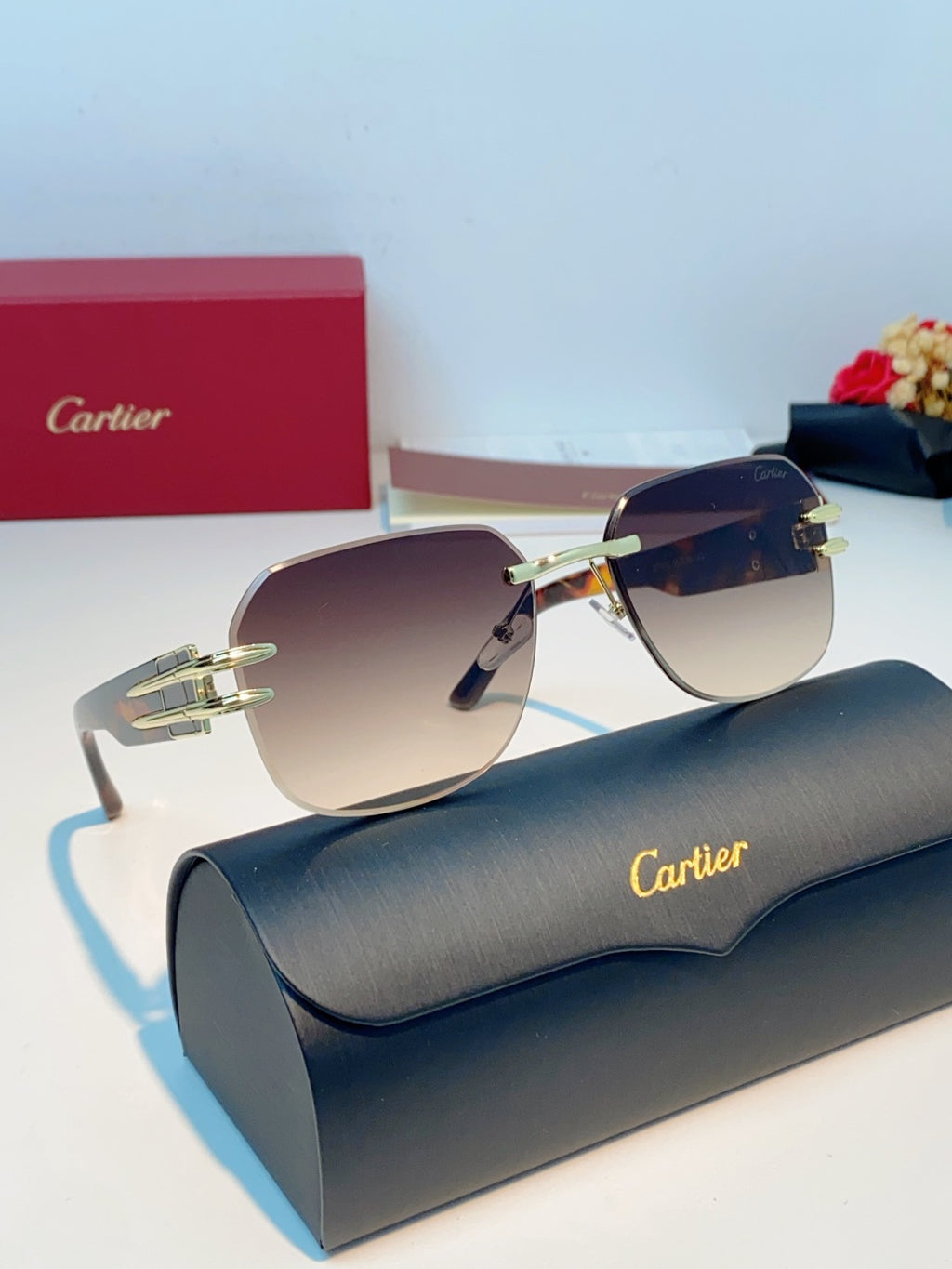 Cartier Polarized Metal Rimless Brown Lens Sunglasses for Men & Women - detail image 10