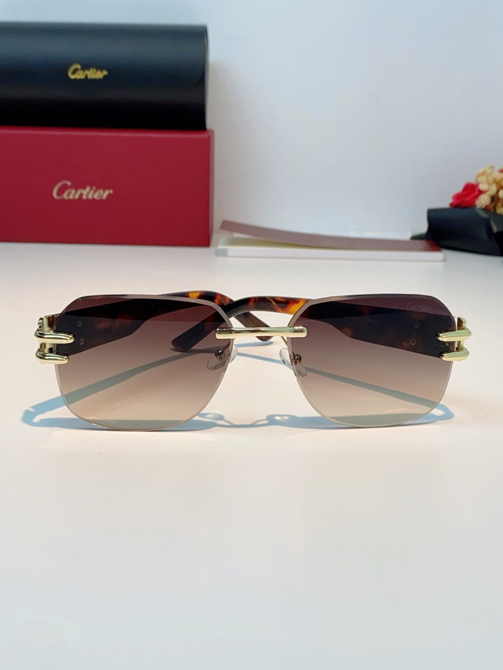 Cartier Polarized Metal Rimless Brown Lens Sunglasses for Men & Women - detail image 2