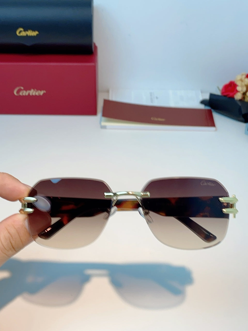 Cartier Polarized Metal Rimless Brown Lens Sunglasses for Men & Women - detail image 4
