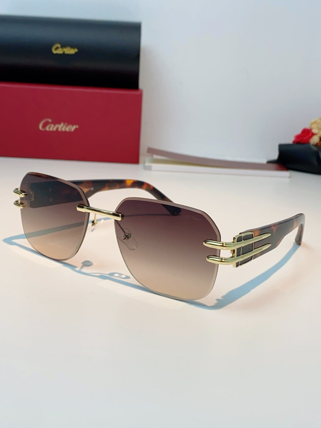 Cartier Polarized Metal Rimless Brown Lens Sunglasses for Men & Women