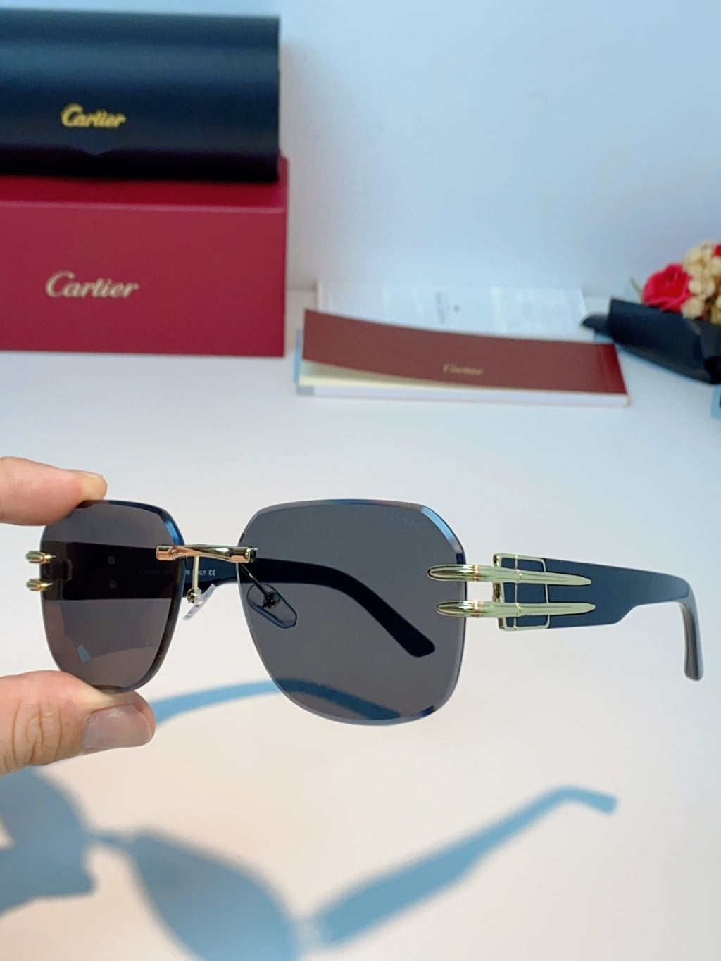 Cartier Polarized Metal Rimless Black Lens Sunglasses for Men & Women - detail image 6
