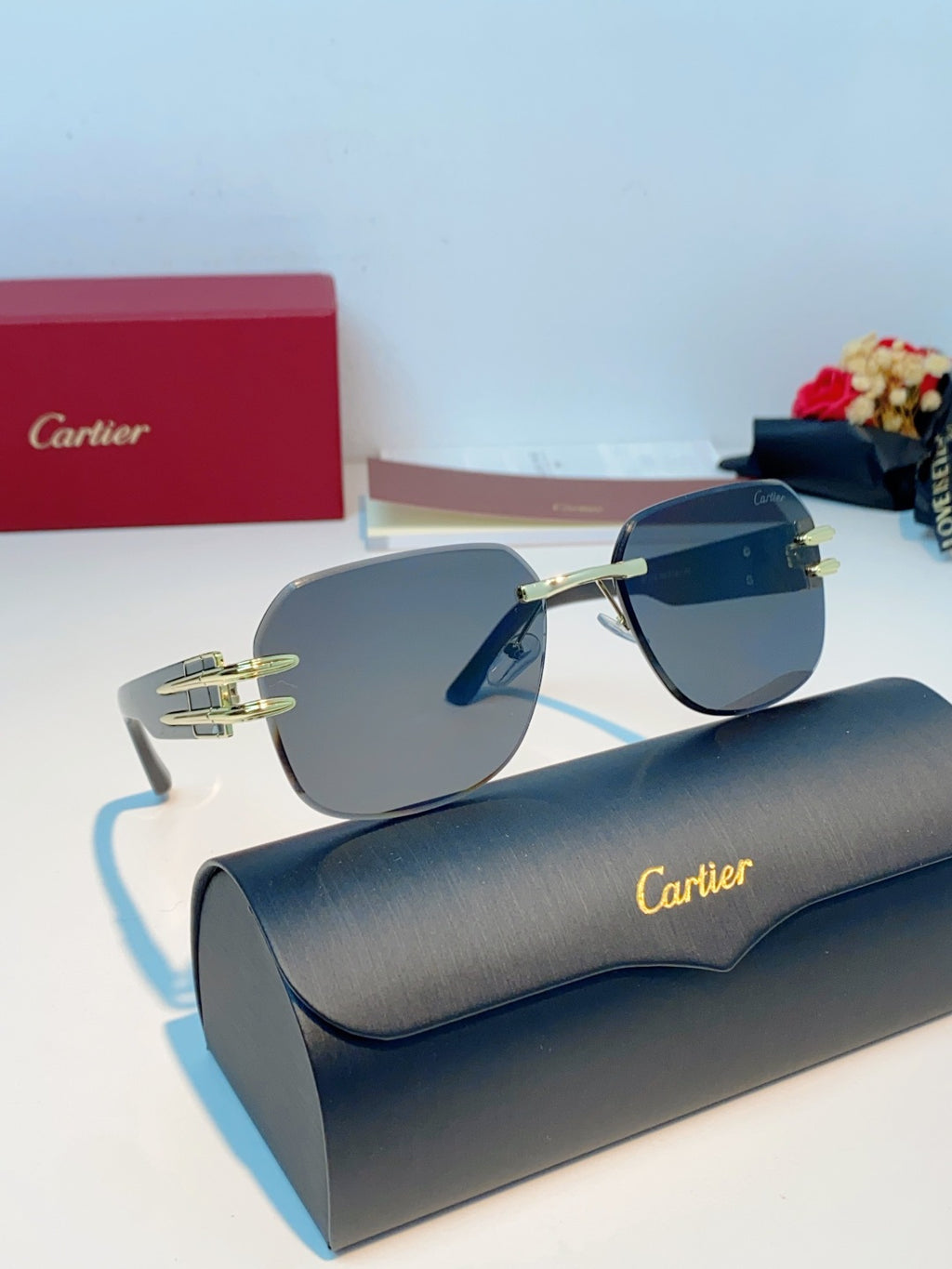 Cartier Polarized Metal Rimless Black Lens Sunglasses for Men & Women - detail image 10