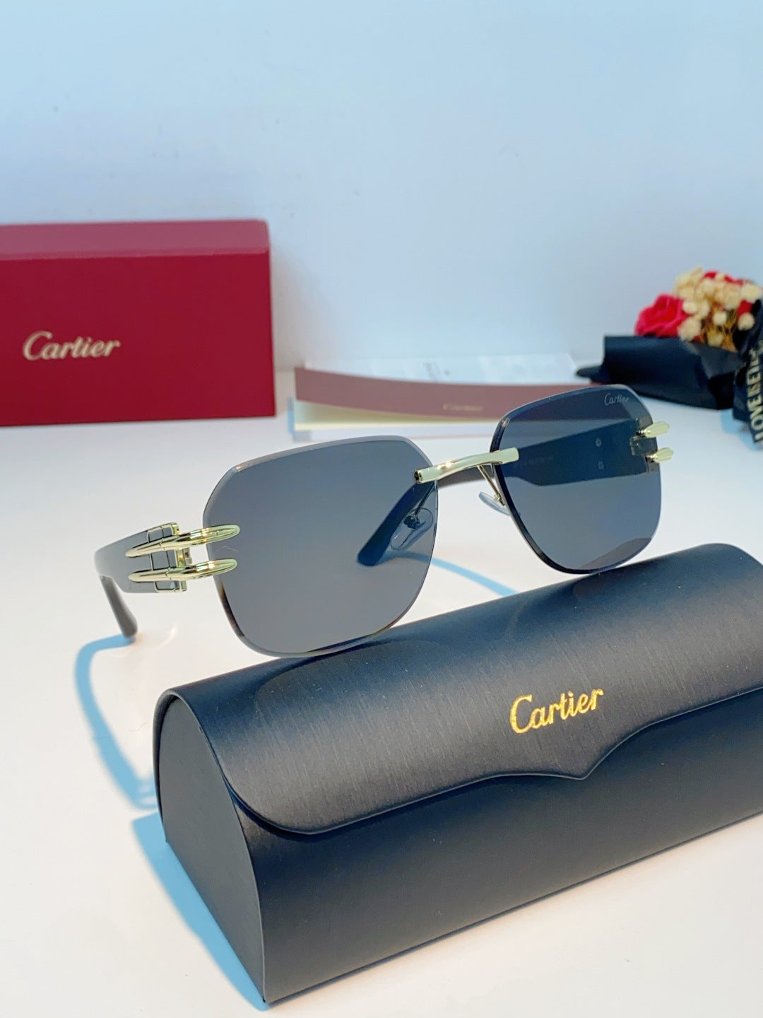 Cartier Polarized Metal Rimless Black Lens Sunglasses for Men & Women - detail image 10