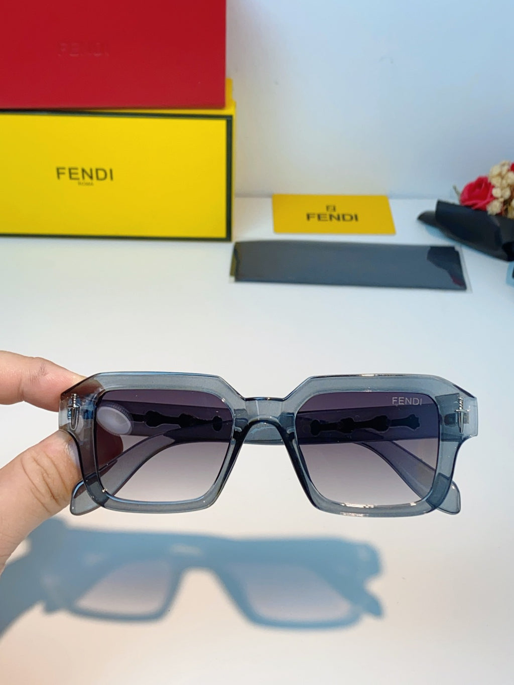 Fendi Metal Square Gray Lens Sunglasses for Men & Women - detail image 4