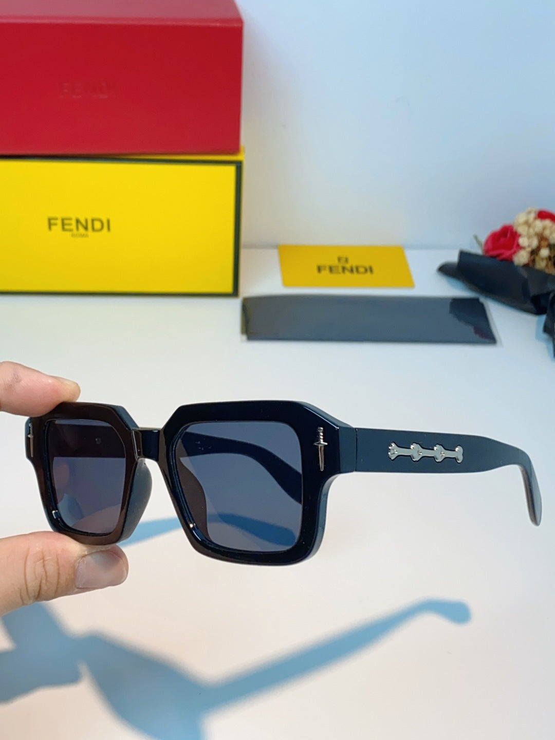 Fendi Metal Square Black Lens Sunglasses for Men & Women - detail image 6