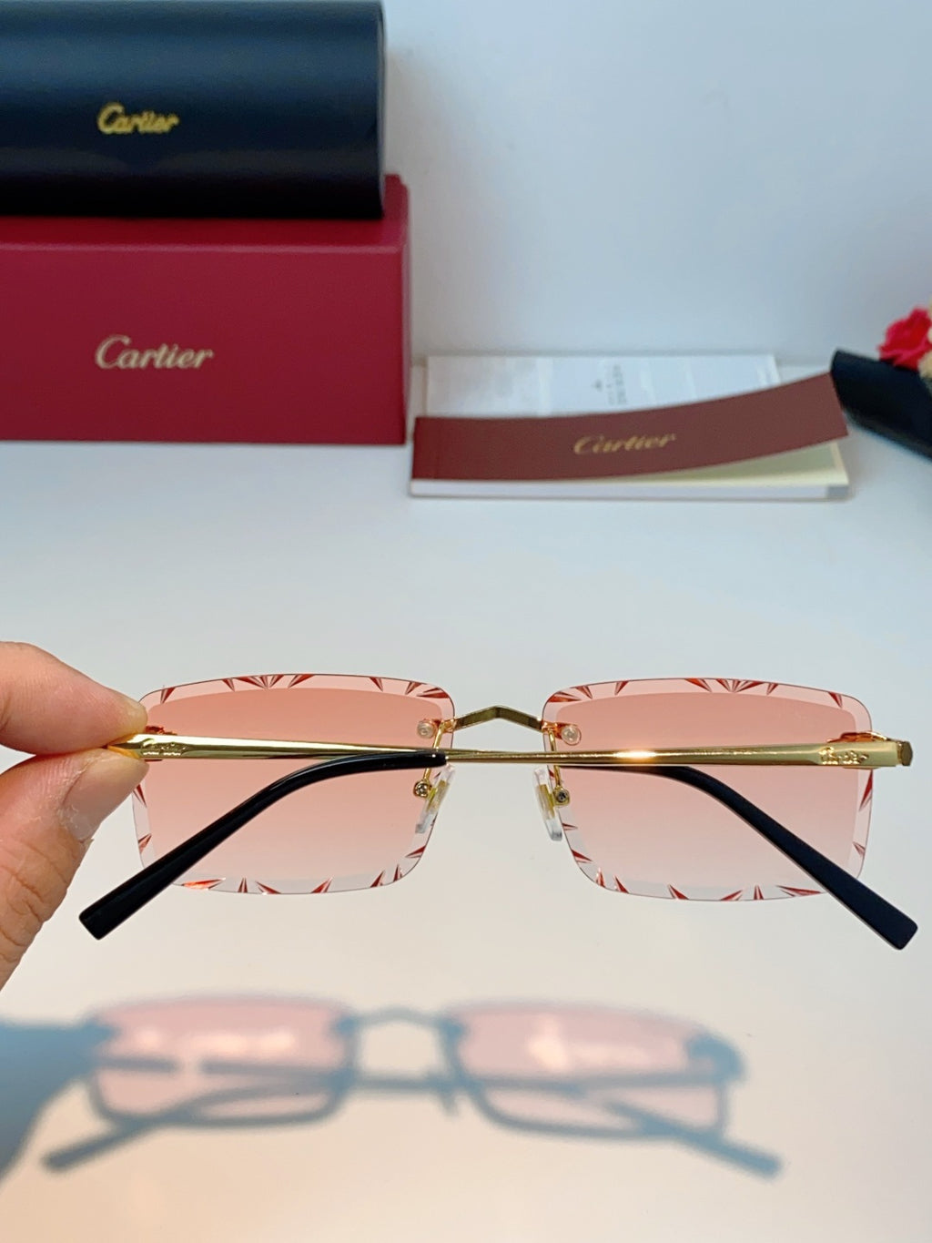 Cartier Lightweight Rimless Pink Lens Sunglasses for Men & Women - detail image 5